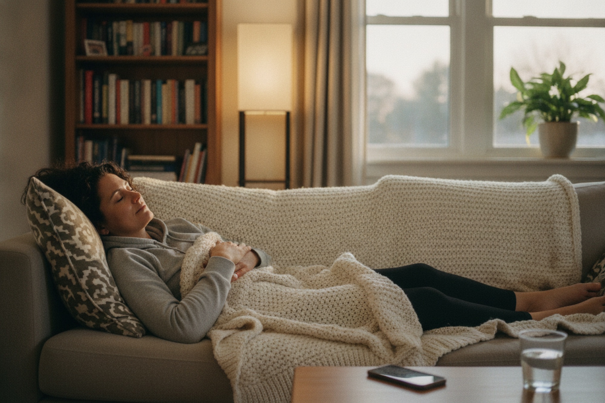 A woman lying on her sofa at home under a knit throw, eyes closed, her phone face down on the table
