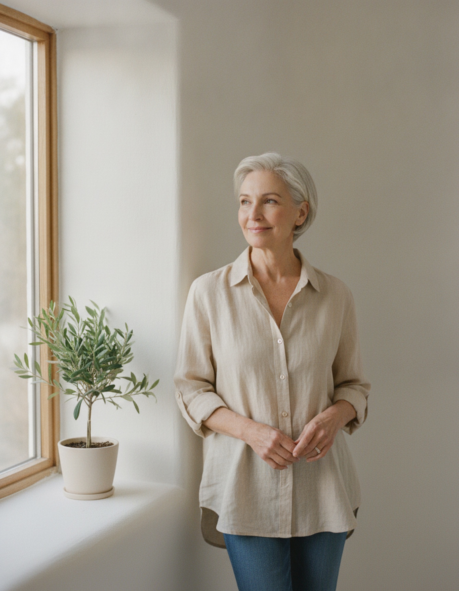 Elena in her studio by a deep adobe window, a small olive tree on the sill