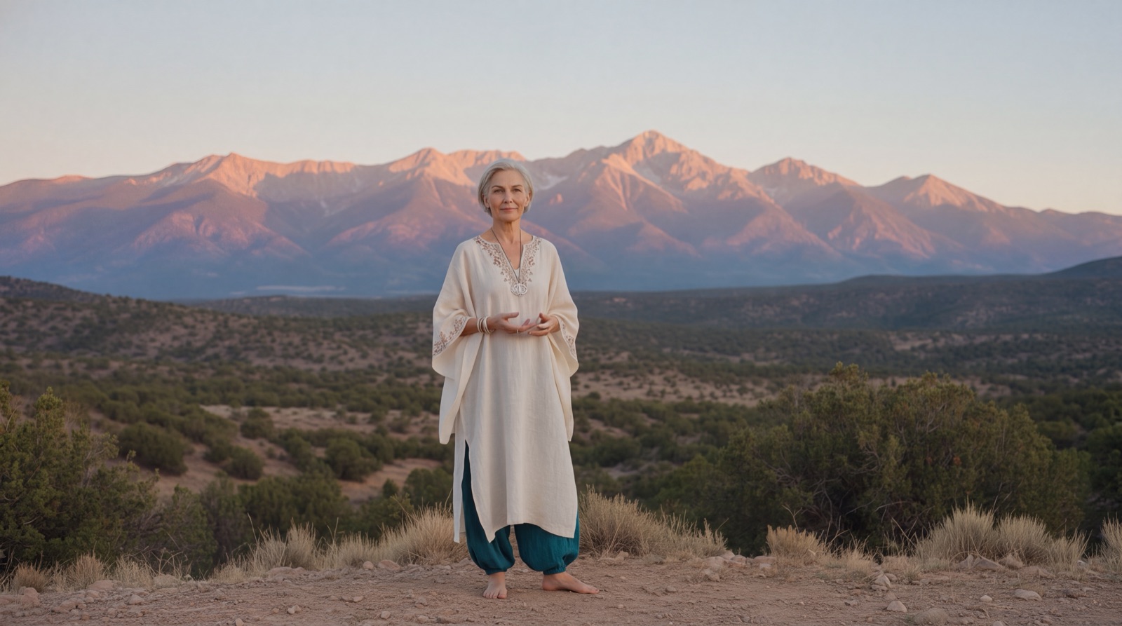 Elena standing on a hill outside Santa Fe, the Sangre de Cristo mountains pink behind her at sunset
