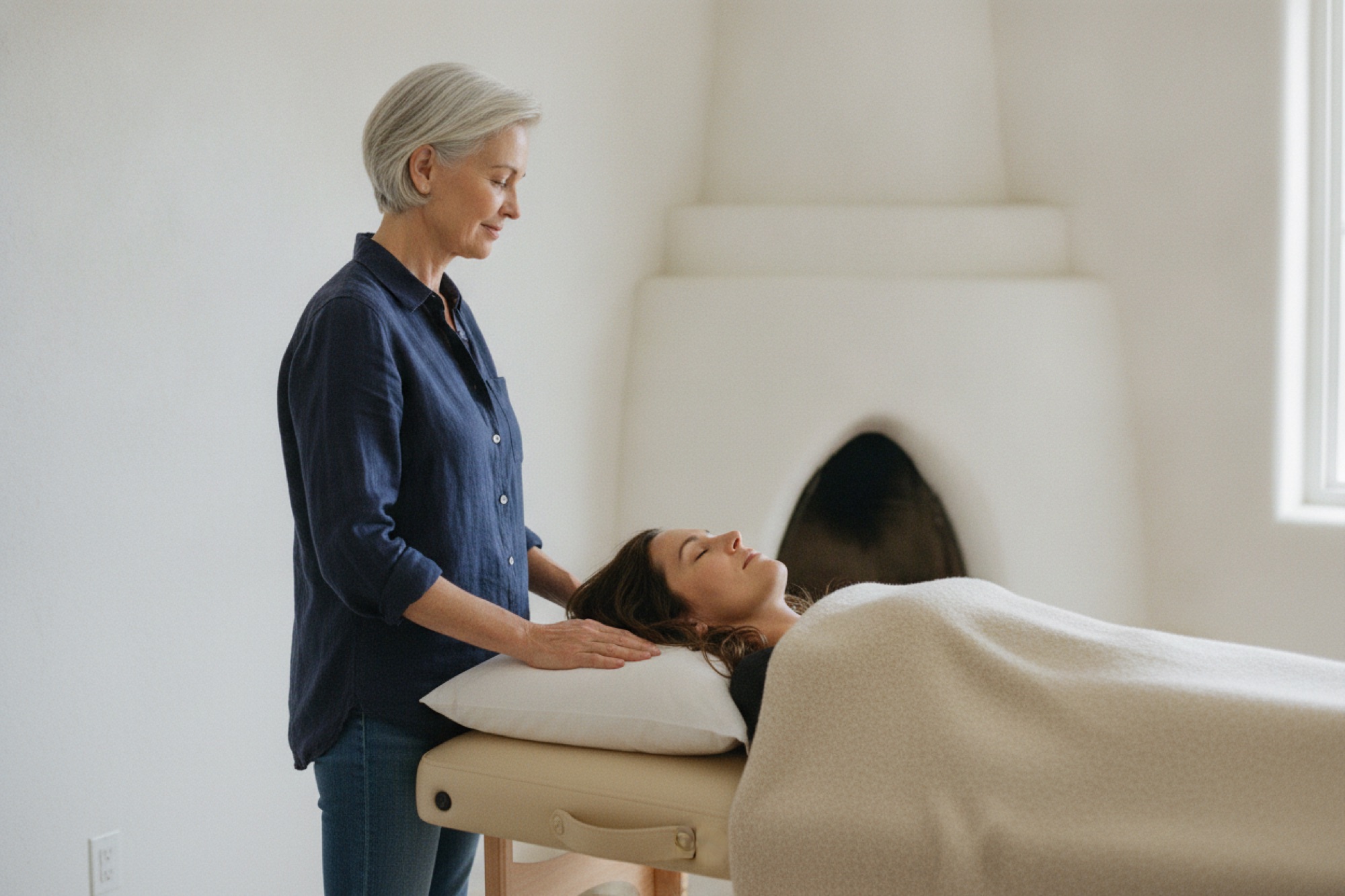 Elena resting her hands lightly at the shoulders of a client lying under a blanket on the treatment table in her studio